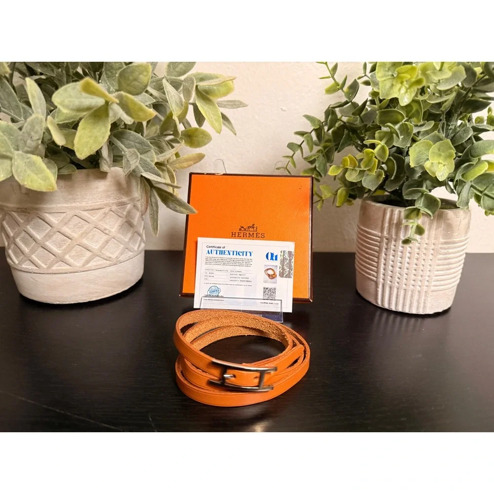 Hermes Unisex Leather Cognac‎ Bracelet Silver H Buckle Square G w/ COA